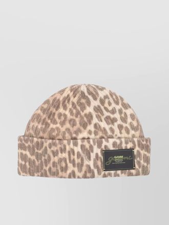 Ganni wool ribbed leopard beanie