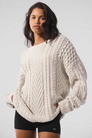 Alo | Cable Knit Crewneck Neck Sweater Top in Bone Beige, Size: Medium
