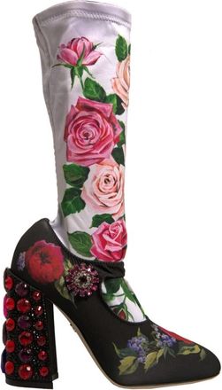 Dolce & Gabbana Zwarte Kristallen Laarzen met Bloemenprint - Dames - Laarzen met Hak - Veelkleurig - 38 EU - Polyester - Schoenen