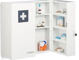 Relaxdays Armario Botiqu&iacute;n 11 Compartimentos, Cerradura, Acero, 53 X 53 X 21,5 Cm, 2 Puertas, Primeros Auxilios, Blanco - Relaxdays