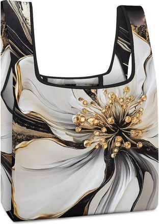 Generic Black Gold Flower Shopping Bag Reusable Grocery Tote Bag Foldable Handbag for Travel Picnic