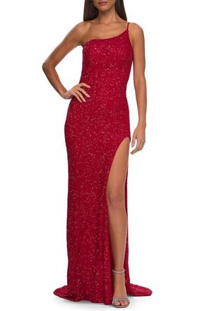 La Femme Elegant Soft Sequin One Shoulder Long Dress in Jewel Tones in Red at Nordstrom, Size 14