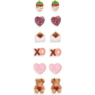 Leith Valentines Day Set of 6 Stud Earrings in Red Multi- Gold at Nordstrom Rack