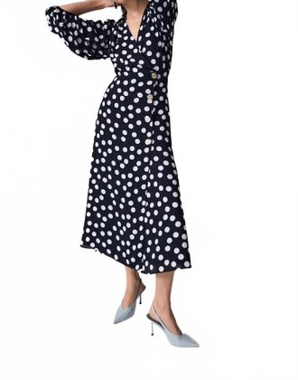 Joseph Ribkoff Polka Dot Puff Sleeves Wrap Dress In Midnight Blue/vanilla