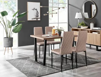 Furniturebox Kylo Brown Wood Effect Dining Table With Black U Legs & 4 Milan Faux Leather Chairs in Beige