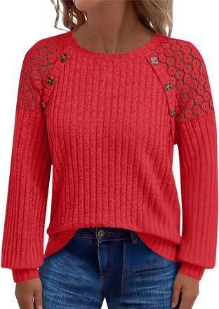 Generic Jumpers For Women UK Lace Raglan Button Sides Knitted Sweaters Oversized Long Sleeve Crewneck Sweater Ribbed Knit Pullover Jumper Tunic Tops Autumn Wi