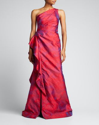Teri Jon One-Shoulder Side-Ruffle Gown