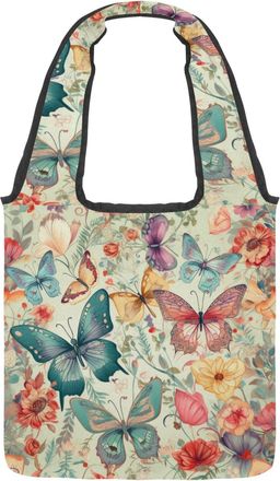 Generic Butterflies and Beautiful Flowers Reversible Canvas Shoulder Tote - Double-Sided Print, 12oz Cotton, 27cm Drop, Fold-Flat Bag for Travel, Shopping, St