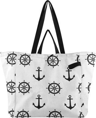Generic Ship White print Reusable Canvas Tote Bag, Heavy Duty Grocery Shopping Bag with Double Handles Hard Bottom Large Capacity Work Groceries Travel