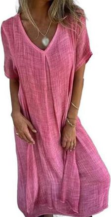 Generic Cotton and Linen V-Neck Midi Dress, Linen Dresses for Women, Midi Linen Dresses for Women, Solid Casual Dress (Red,3XL)