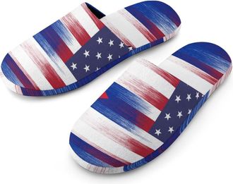 Generic U.S. Flag with Cuba Flag Flannel Mens Slip-on Slippers Winter Warm House Shoes with Rubber Sole for Home Hotel