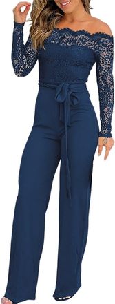 Generic Jumpsuits For Women Uk Long Sleeve, Elegant Off Shoulder Jumpsuit, Elegant Business Office Work Rompers Sexy Lace Trim Overalls With Belt Casual Wide-