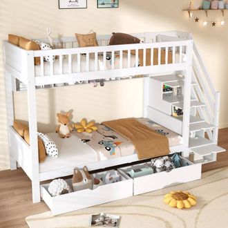 Matteo White Solid Wood 3ft Single Loft Bed Frame with Storage & Guardrails