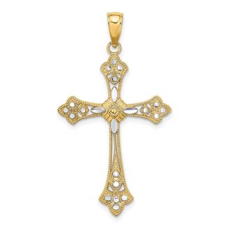 Diamond2Deal 14k Yellow Gold Rhodium Diamond-Cut Edges Cross Charm