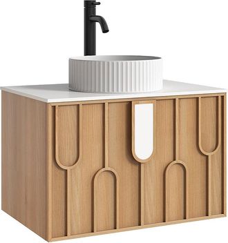 Vente-Unique Mueble de ba&ntilde;o texturizado suspendido con lavabo sobre encimera redondo estriado y grifo - Natural claro - An. 75 cm - MERKAN
