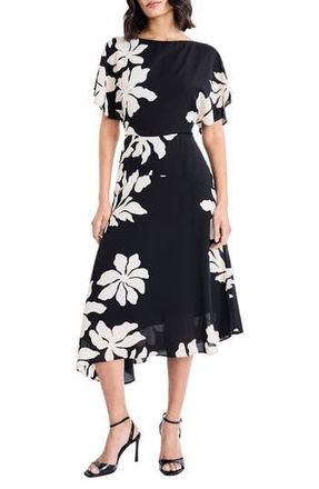 Maggy London Floral Asymmetric Midi Dress in Black/Cream at Nordstrom Rack, Size 12