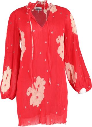 Ganni Ganni Ruffle-Trimmed Floral-Print Pliss&eacute;-Chiffon Mini Dress In Red Viscose