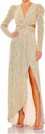 Mac Duggal Metallic Puff Sleeve Fronttwist Cut-Out Gown In Gold