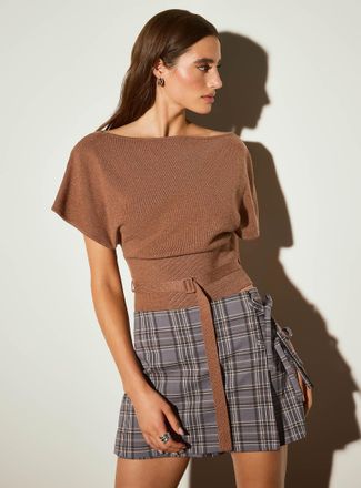 Icone Womens Belted fitted-waist cap-sleeve sweater