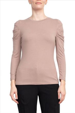 Catherine Malandrino Crewneck Long Sleeve Ruched Shoulder Solid Knit Top In Ash Smoke