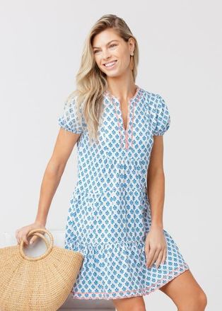 Cabana Life Embroidered Short Sleeve Tiered Dress in Harbor at Nordstrom, Size X-Small
