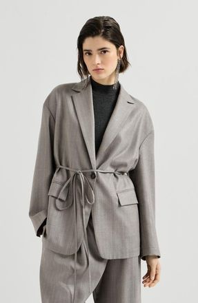 Brunello Cucinelli Sparkling virgin wool pinstripe blazer with monili in Silver at Nordstrom, Size 34