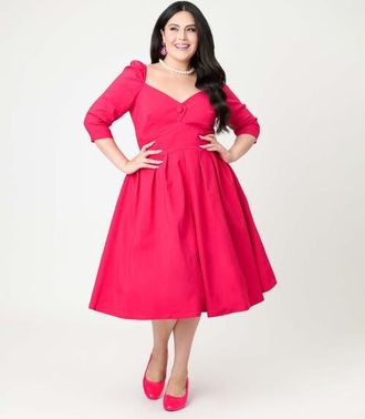 Unique Vintage Plus Size Woven Sweetheart Neckline Lamar Swing Dress in Hot Pink at Nordstrom, Size 5X