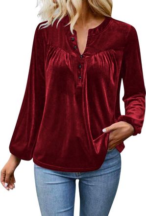 Generic Velvet Tops for Women Elegant Button Down V-Neck Blouse Casual Dressy Long Sleeve Velour Shirts Puff Pleated Tops Work Office Shirts Ladies Slim Fit C