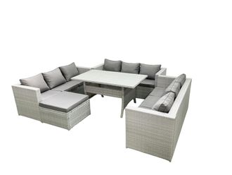 Fimous Rattan Garden Outdoor Furniture Set 10 Seater Garden Sofa Rectangulr Dining Table Set with Big Footstool Light Grey Mixed