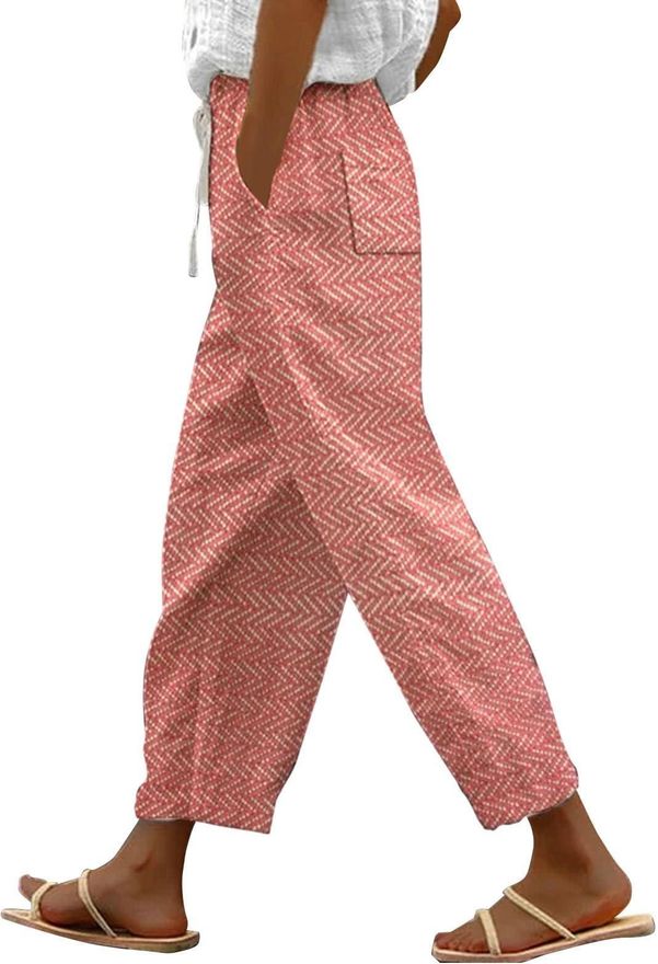 Linen Pants Women Drawstring Elastic High Waist Capri Pants Wide Leg Comfy Beach Loose Fit Crop Trousers with Pockets Orange X-Large