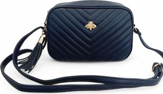 Generic Quilted Crossbody Handbag, Navy Faux Leather, Gold Bee Emblem, Tassel Detail