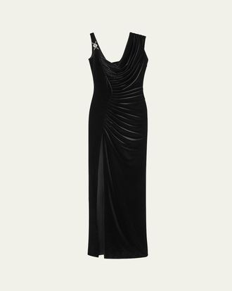 Versace Draped Side-Slit Velvet Column Gown