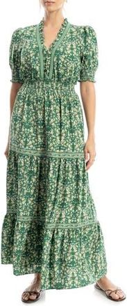 Max Studio Floral Short Sleeve Tiered Maxi Dress in Green Floral at Nordstrom Rack, Size X-Small