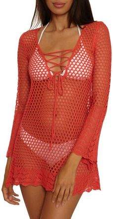 BECCA by Rebecca Virtue Treasure Island Long Sleeve Reversible Open Knit Cover-Up Tunic in Caliente at Nordstrom, Size Medium