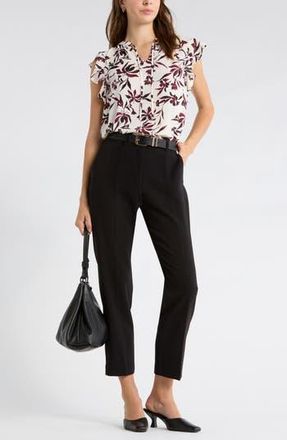 Nordstrom Rack Tie Neck Ruffle Cap Sleeve Top in Ivory- Burgundy Sunset Floral at Nordstrom Rack, Size X-Small