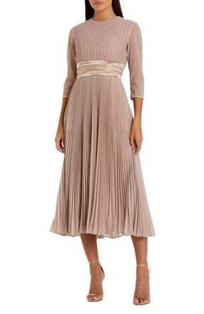 Mac Duggal Shimmering 3/4 Sleeve A-Line Midi Dress in Rose Gold at Nordstrom, Size 16