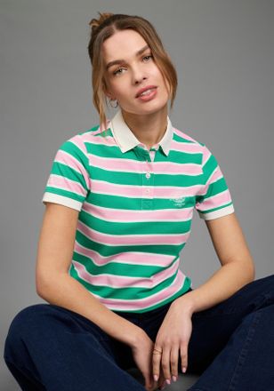 Kangaroos Poloshirt KANGAROOS, Damen, Gr. 32/34, rosa, gr&uuml;n, gestreift, Piqu&eacute;, Obermaterial: 95% Baumwolle, 5% Elasthan, Basic h&uuml;ftlang, Rundhals, Rippb&uuml;ndchen,