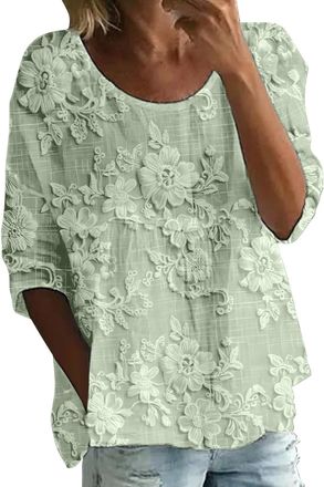 Generic Broderie Anglaise Tops Women Gauze Cotton Linen Shirts Crew Neck 3/4 Sleeve Ladies Loose Fit Casual Boho Tops Plus Size Summer Floral Print Lightweigh