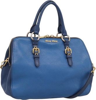 Miu Miu Madras Bowler Leather Blue Leather Handbag (Pre-Owned)