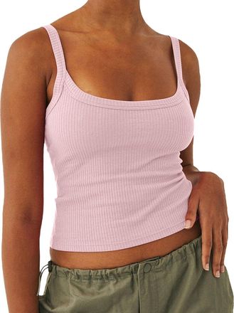 Generic Women Spaghetti Strap Scoop Neck Ribbed Tank Tops Slim Fitted Cotton Camisole Basic Sleeveless Layering Shirts Brand Sleep Shorts (Pink, S)