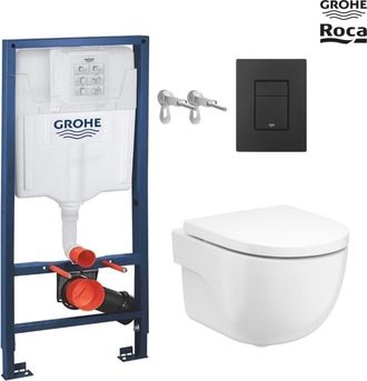 GROHE Bastidor Grohe Pack Cisterna Empotrada Y Pulsador Negro Mate Con Inodoro Wc Suspendido Roca Meridian Blanco 48 Cm De Sat