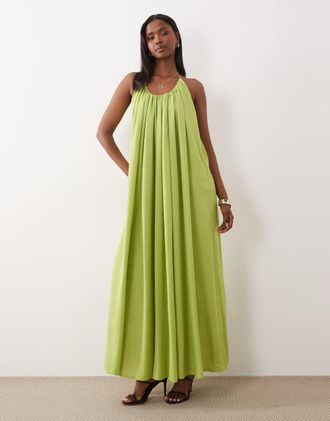Asos Vestito lungo a trapezio verde oliva con scollo rotondo e perline sul retro