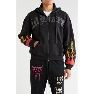Ed Hardy Skull Flames Rhinestone Boxy Zip Hoodie in Black at Nordstrom Rack, Size Xx-Large