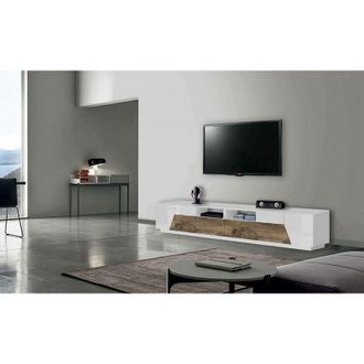 Dmora Dmora - Mueble Tv Para Sal&oacute;n, Made In Italy, Mueble Tv Con 4 Puertas Geom&eacute;tricas Y 2 Cajones, 260x43h46 Cm, Blanco Brillo Y Arce, Con Embalaje Reforza