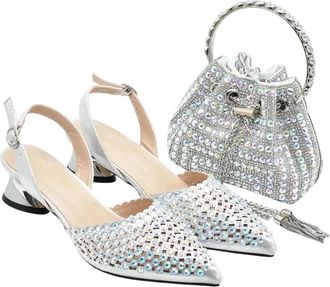 Generic Shoes with Matching Bags Set Decorated with Rhinestone Shoes for Women Mid Heels Party Pumps Heels Silver
