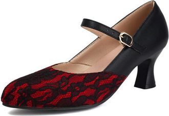 Generic Womens Round Toe Mary Jane Pumps Lace Pattern Slim Heel Adjustable Ankle Strap Textured Upper Lightweight Comfortable Shoes for Fashion Party,Red,10.5