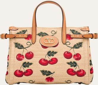 Valentino Garavani Antibes Small Raffia Cherry Jacquard Tote Bag