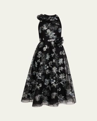 Teri Jon Metallic Floral-Embroidered Tulle Midi Dress
