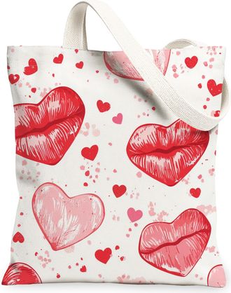 Generic Valentines Day Hearts Canvas Tote Bags, Cute Love Kiss Pattern Reusable Grocery Bags, Lightweight Washable Shoulder Strap Canvas for Shopping Travel B