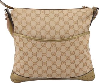 Gucci Zip Messenger Gg Canvas With Perforated Leather Beige Canvas Handbag (Pre-Owned)
